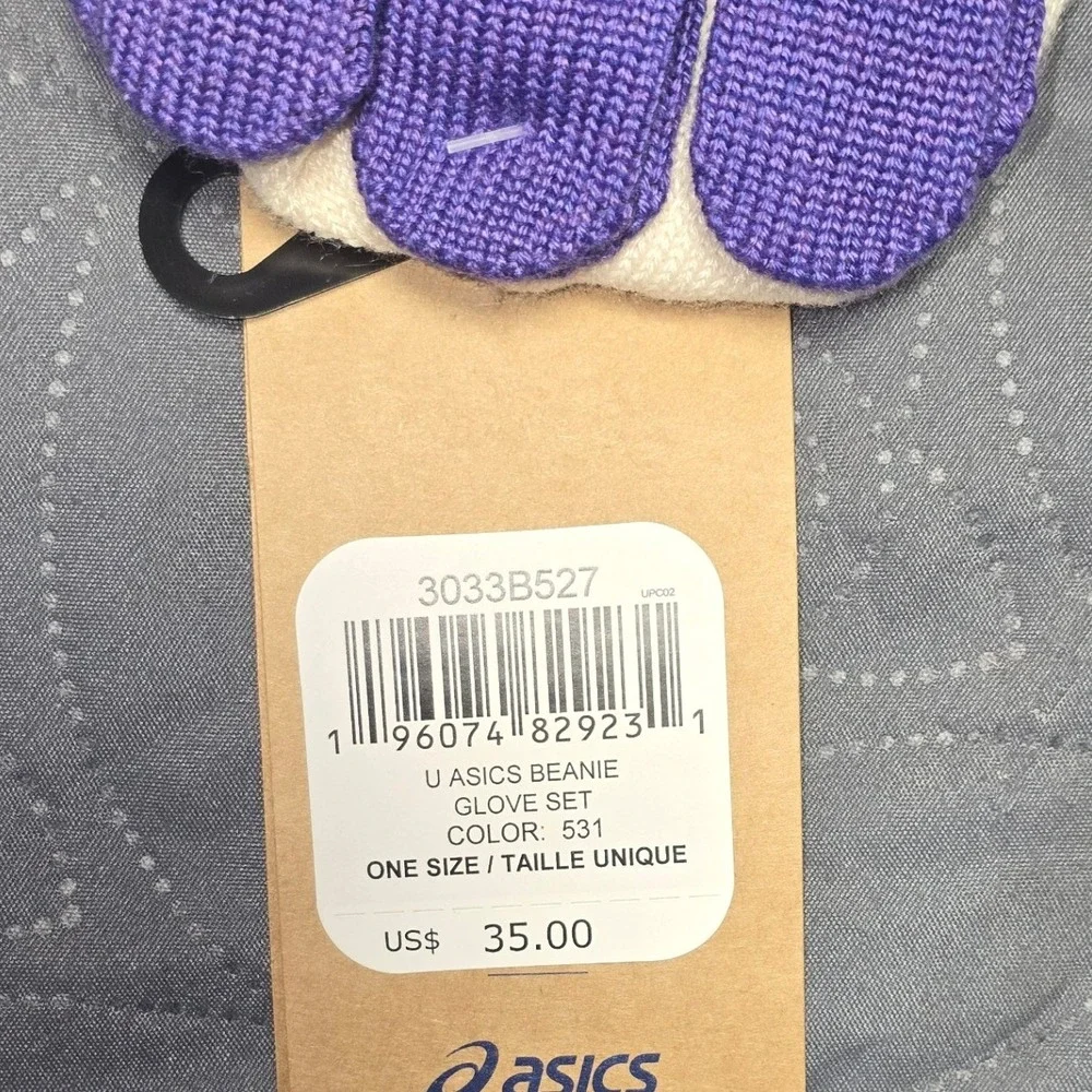 NWT ASICS Beanie and Gloves Set Women One Size Purple White Knit‎ reversible